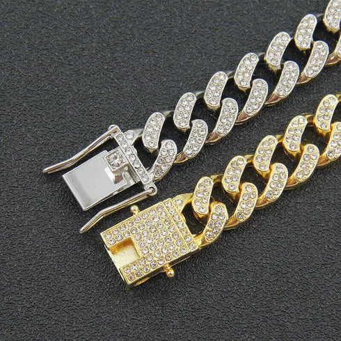 2 Pcs Iced Out Silver & Gold 18K Gold Plated Bling CZ Cuban Miami Link Bracelet